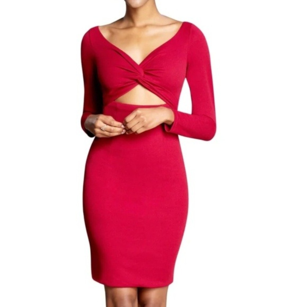 Dress The Population Jade Cutout Dress Size S Red Long Sleeve Twist Bodycon Midi